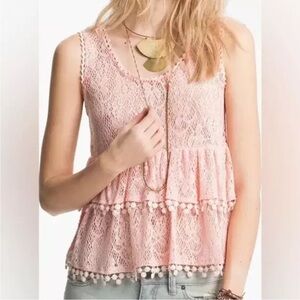 Free People Daydream Tiered Lace Tank Top Keyhole Back Boho